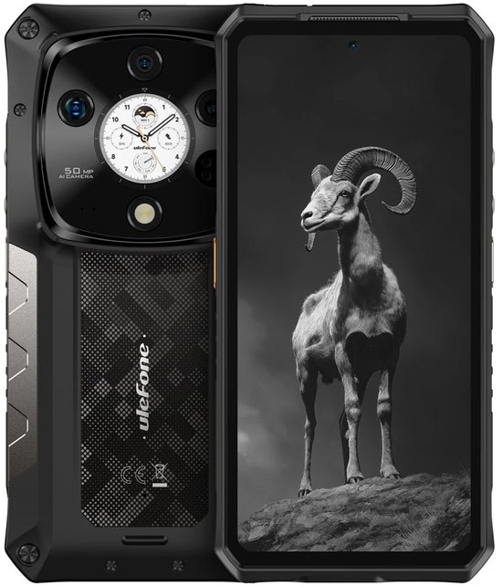 Robuuste smartphone met een zwart design en een gehard scherm met een geitenafbeelding. De achterkant heeft een 50 MP camera en het Ulefone logo.
