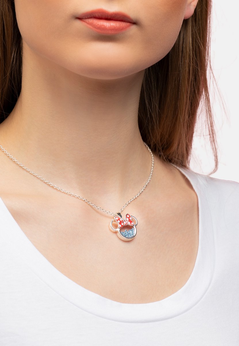 Disney Minnie Silver Plated Brass with Red enamel Bow December Birthstone Floating Stone Necklace