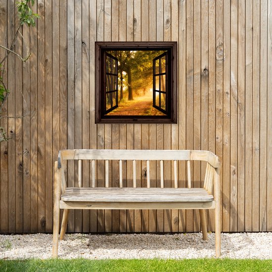 Canvas met opengeschoven raam met uitzicht op een bosweg met bomen en zonlicht, opgehangen boven een houten bank.