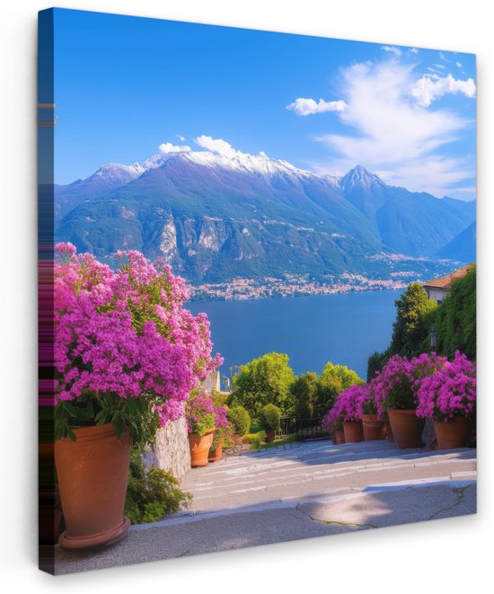 Tuinschilderij voor buiten 60x60 cm - Tuindecoratie Lake Como - Italië - Landschap - Tuinposter op canvas - Tuin muurdecoratie - Buitenschilderij decoratie - Schutting wanddecoratie - Buitencanvas