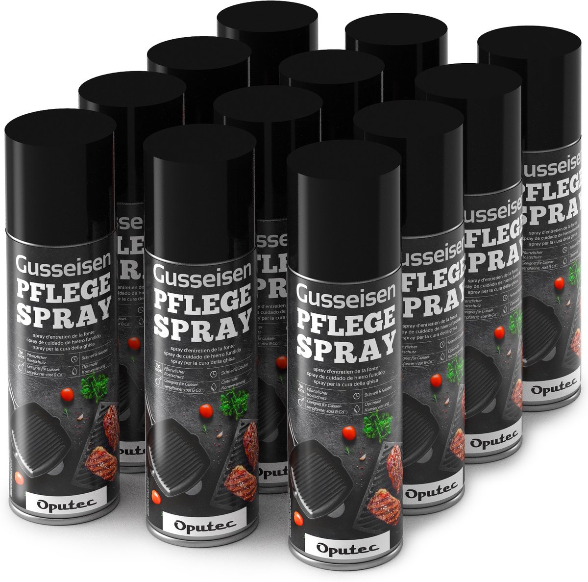 Oputec 12x 500ml gietijzer onderhoudsspray | cast iron care oil spray | 100% plantaardig | made in Germany