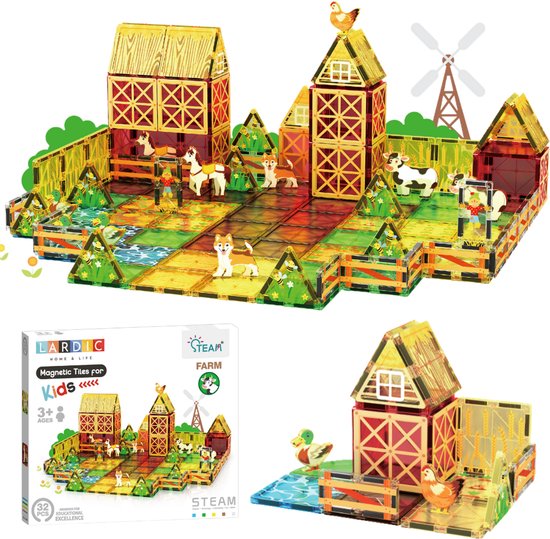Lardic - Magnetisch Speelgoed Boerderij Set/Farm - Magnetic Tiles - Bouwspeelgoed - Bouwblokken - Magneten Speelgoed - Magnetische Tegels - Magna - Bouwstenen - Montessori Speelgoed - Mind Educatief Constructie Speelgoed