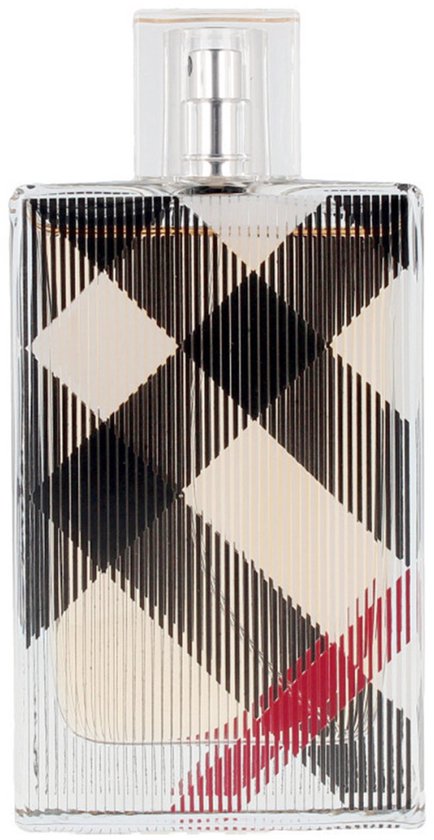 Fles Burberry Brit for Her parfum met opvallend ruitpatroon in beige, zwart, wit en rood.