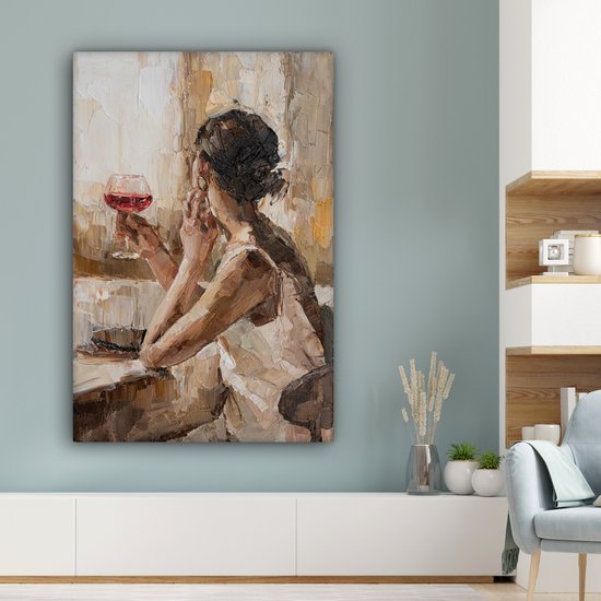 Tableau Peinture sur Toile - Femme - Vin - Peinture à l'Huile - 80x120 cm - Décoration murale