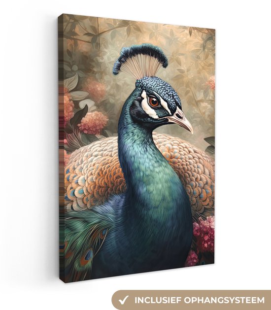 Tableau sur toile Paon - Vogel - Fleurs - Plantes - Plumes de Paon - 60x90 cm - Décoration murale