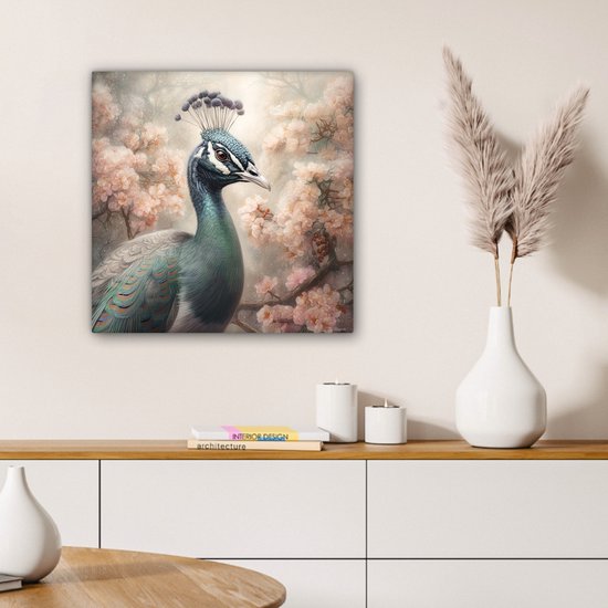 Tableau sur toile Paon - Vogels - Fleurs - Arbre - Botanique - 50x50 cm - Décoration murale
