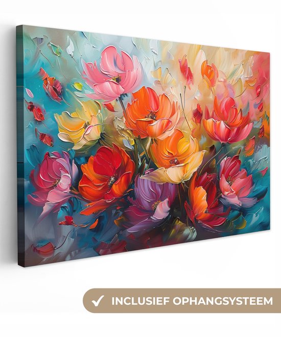 Canvas schilderij 120x80 cm - Wanddecoratie Bloemen - Kleurrijk - Verf - Abstract - Kunst - Muurdecoratie woonkamer - Kamer decoratie modern - Abstracte schilderijen