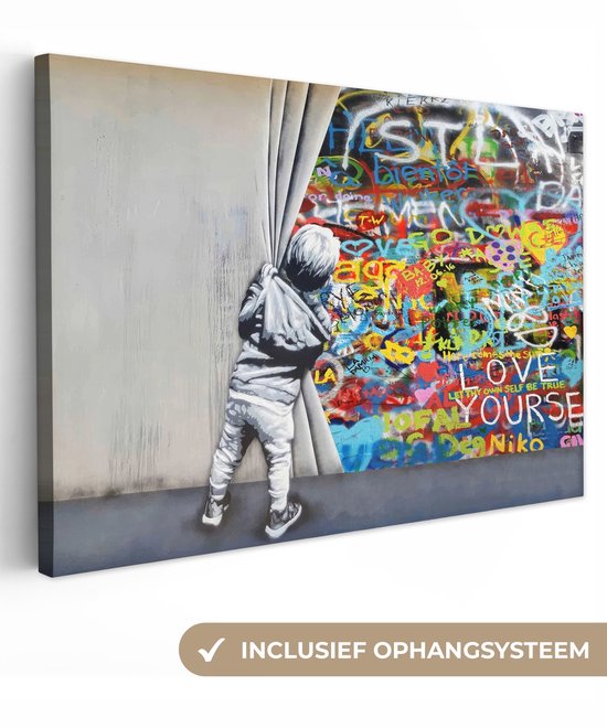 Canvas schilderij 120x80 cm - Wanddecoratie Graffiti - Jongen - Ilussie - Street art - Muurdecoratie woonkamer - Kamer decoratie modern - Abstracte schilderijen