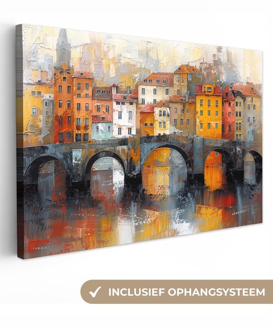 Canvas schilderij 120x80 cm - Wanddecoratie Gracht - Huizen - Kunst - Art - Muurdecoratie woonkamer - Kamer decoratie modern - Abstracte schilderijen