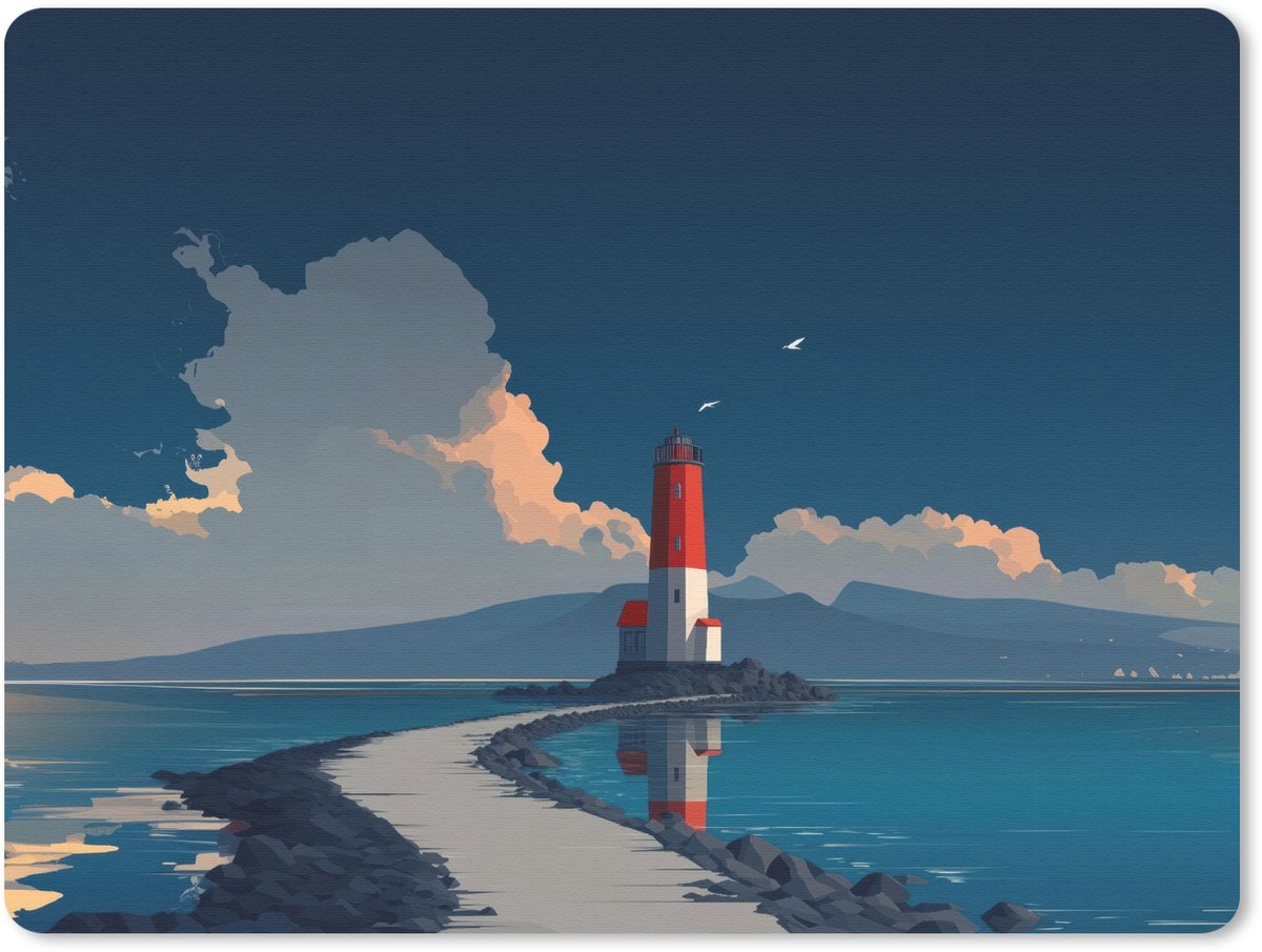 Muismat 23x19 cm - Mousepad Vuurtoren - Zee - Wolken - Muismatten