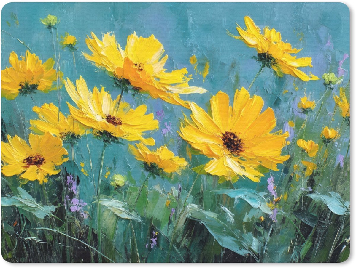 Muismat 23x19 cm - Mousepad Penseelstreken - Bloemen - Felgeel - Abstract - Muismatten