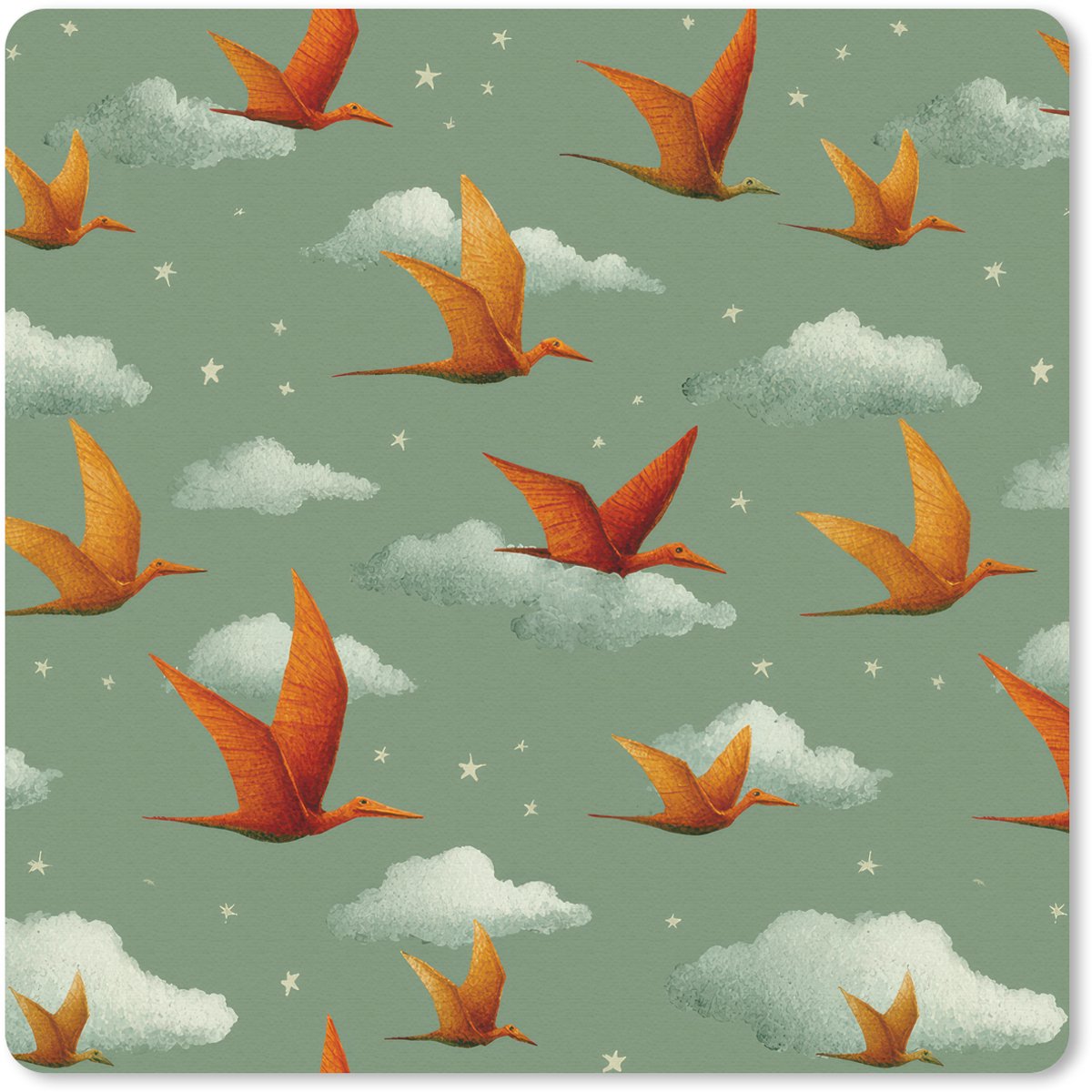 Muismat 30x30 cm - Mousepad Dinosaurussen - Wolken - Sterren - Oranje - Muismatten