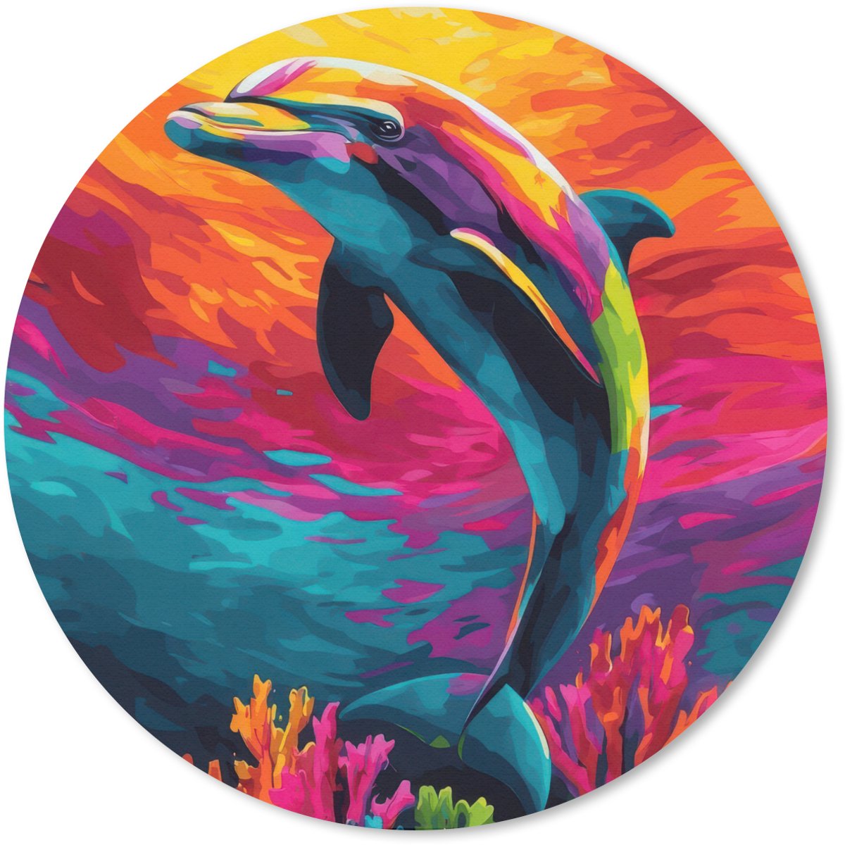 Muismat rond 40x40 cm - Mousepad Dolfijn - Kleurrijk - Oceaan - Koraal - Ronde muismatten
