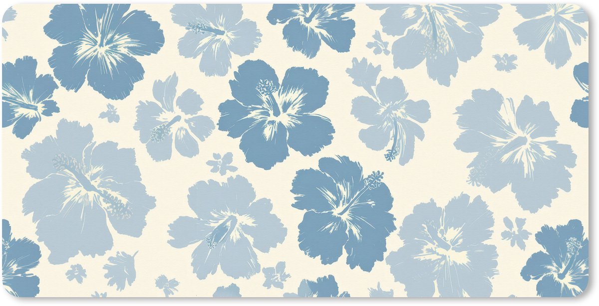 Muismat XXL 90x45 cm - Bureau onderlegger - Bureau mat Hibiscusbloemen - Blauw - Patroon - Tropisch - Bureaumat - Gaming mousepad xl - Bureaulegger groot - Computer deskmat