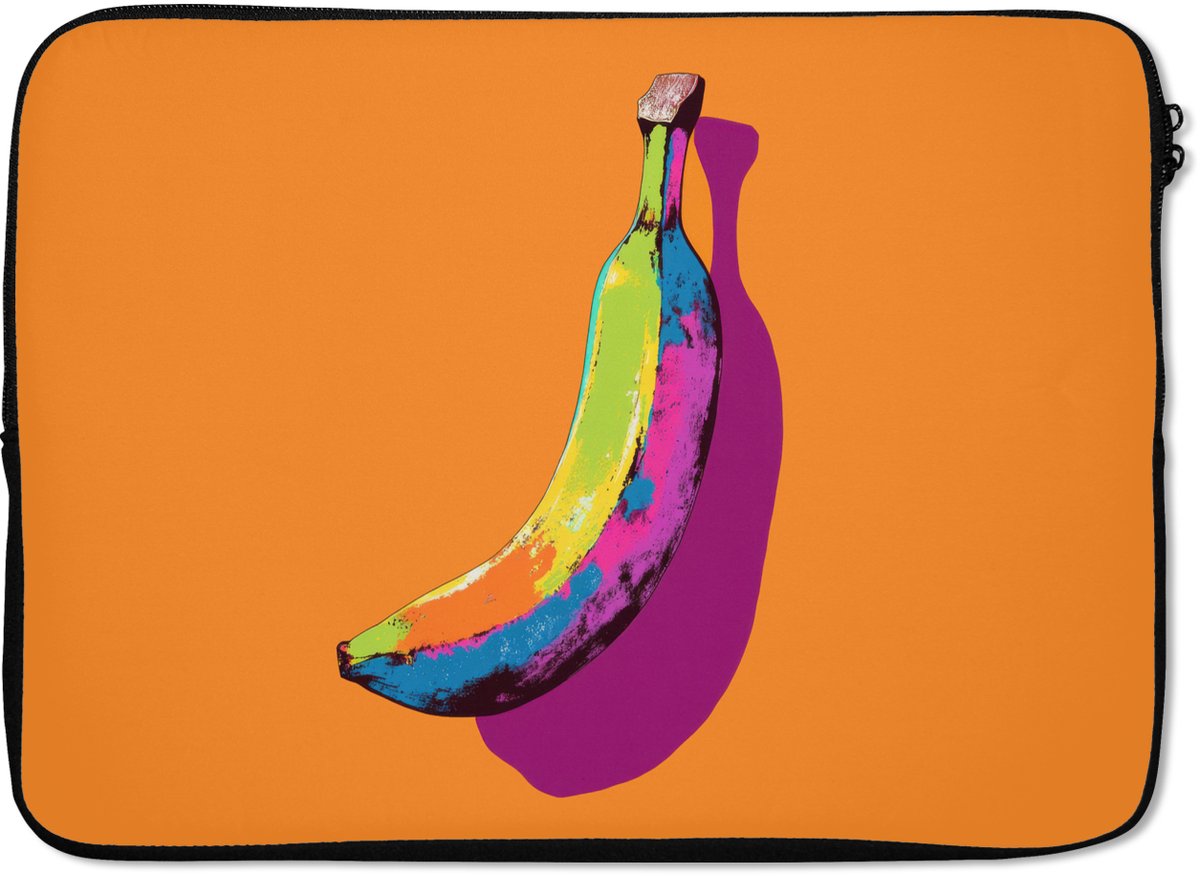Laptophoes 14 inch - Felle kleuren - Banaan - popart - Laptop sleeve - Binnenmaat 33x23 cm - Zwarte achterkant