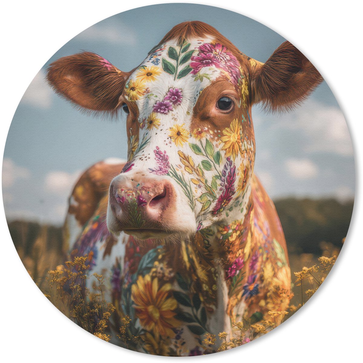 Muismat rond 50x50 cm - Mousepad Koe - Bloemen - Weiland - Ronde muismatten