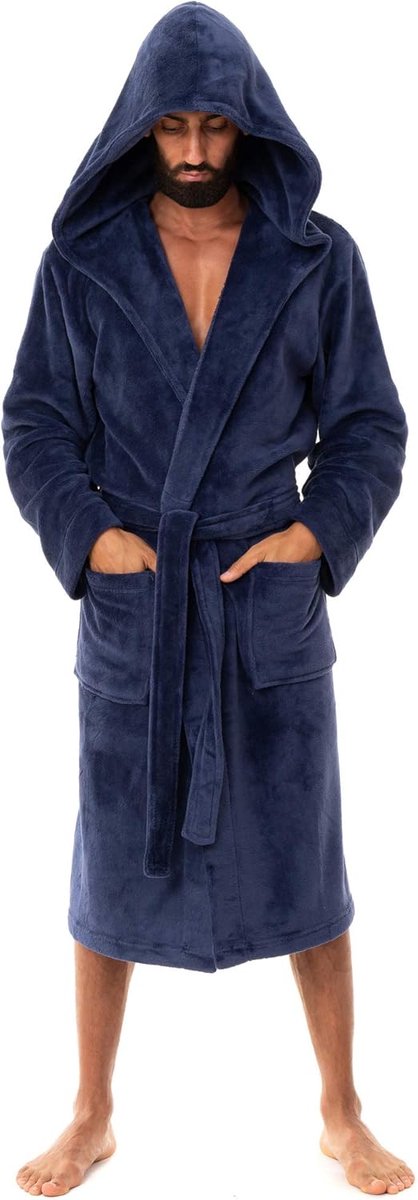 Fleece Ochtendjas Met Capuchon in Marineblauw