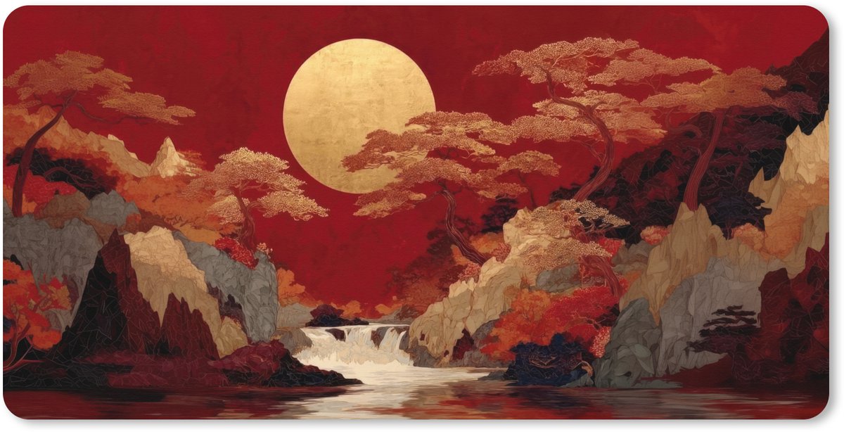 Muismat XXL 80x40 cm - Bureau onderlegger - Bureau mat Volle maan - Landschap - Waterval - Bureaumat - Gaming mousepad xl - Bureaulegger groot - Computer deskmat