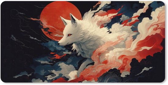 Muismat XXL 120x60 cm - Bureau onderlegger - Bureau mat Witte vos - wolken - maan - Bureaumat - Gaming mousepad xl - Bureaulegger groot - Computer deskmat