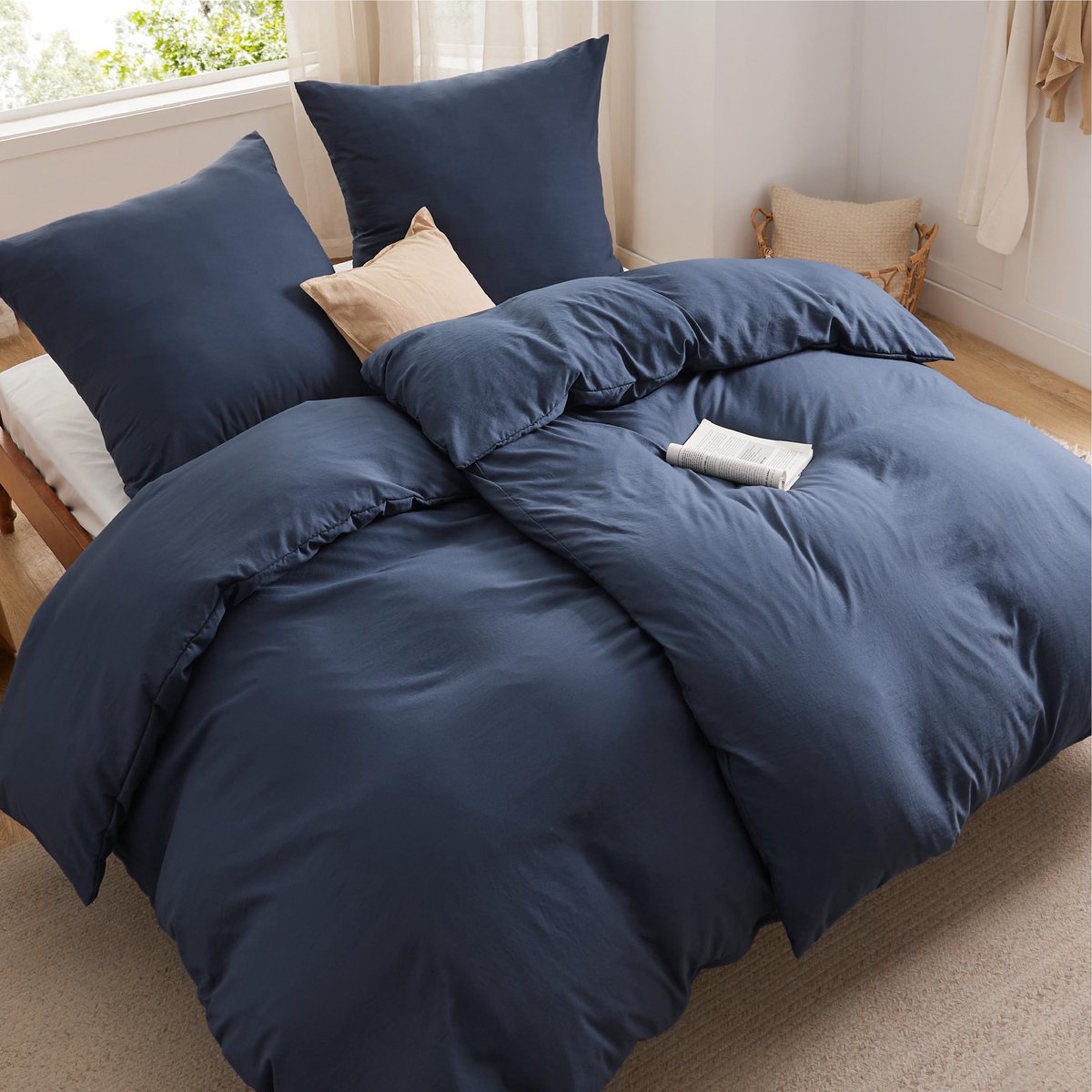 Ibenzoa Zachte en Ademende Beddengoedset met Ritssluiting in Marineblauw Donkerblauw