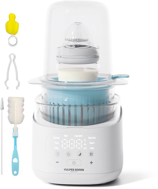 Vulpes Goods® BabyCare - Flessenwarmer - 10in1 - Verwarmt zeer snel - Warmhouden 24u, Ontdooien & Steriliseren - Flesverwarmer met Nachtlamp - Sterilisator met Stoomkap - Incl. Schoonmaakset - Fast Heating Technologie - PRO V2 Versie