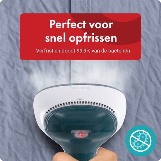 Stoom komt uit de witte en turquoise handstomer die op een lichtblauwe jurk wordt gebruikt. Tekst: "Perfect voor snel opfrissen".