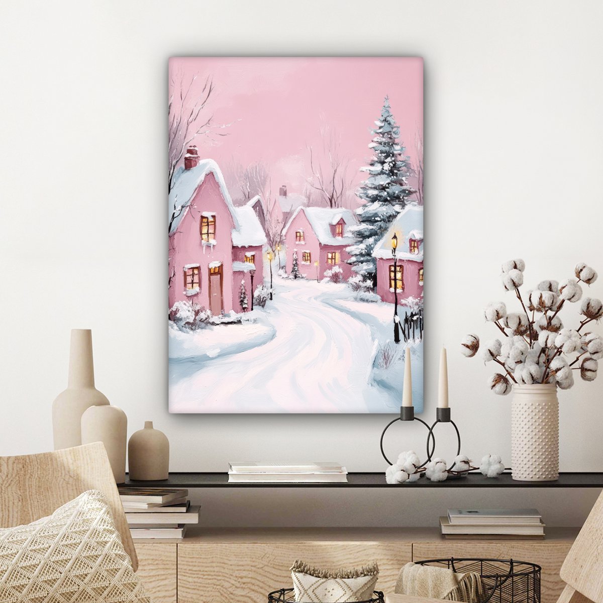 Canvas schilderij 60x80 cm - Wanddecoratie Kerstdorp - Roze - Winter - Sneeuw - Huizen - Muurdecoratie woonkamer - Slaapkamer decoratie - Kamer accessoires - Schilderijen op canvas - Kerstdecoratie voor binnen - Kerstversiering - Kerstmis versiering – foto 7