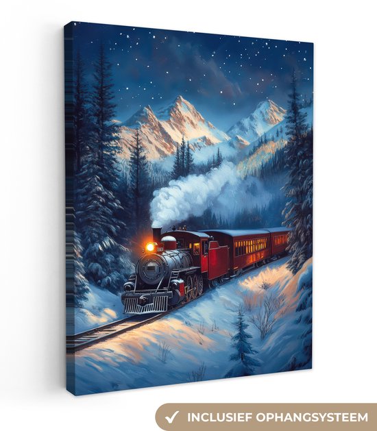 Canvas schilderij 60x80 cm - Wanddecoratie Trein - Kerst - Sneeuw - Kersttrein - Muurdecoratie woonkamer - Slaapkamer decoratie - Kamer accessoires - Schilderijen op canvas - Kerstdecoratie voor binnen - Kerstversiering - Kerstmis versiering