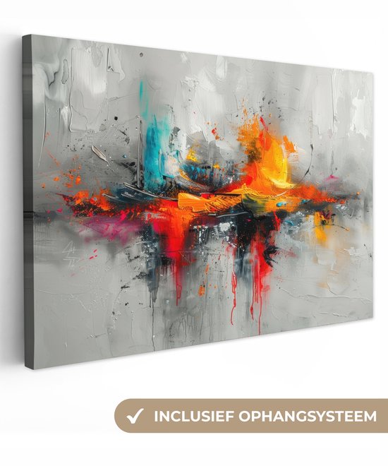 Peinture abstraite avec des touches et des gouttes de peinture grises, orange, rouges et bleues, avec système de suspension.