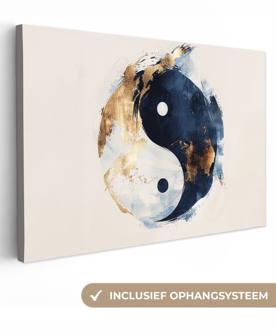 Abstract yin yang symbool in donkerblauw, wit en goudkleurige verfstreken, inclusief ophangsysteem.