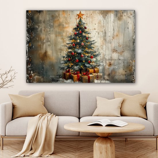 Canvas schilderij 120x80 cm - Wanddecoratie Kerstboom - Vintage - Kerst - Cadeau - Muurdecoratie woonkamer - Slaapkamer decoratie - Kamer accessoires - Schilderijen op canvas - Kerstdecoratie voor binnen - Kerstversiering - Kerstmis versiering