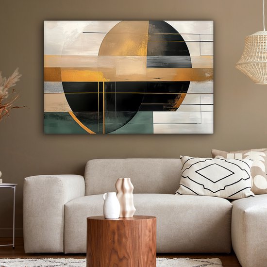 Canvas schilderij 120x80 cm - Wanddecoratie Abstract - Goud - Brons - Groen - Vormen - Modern - Muurdecoratie woonkamer - Slaapkamer decoratie - Kamer accessoires - Schilderijen op canvas