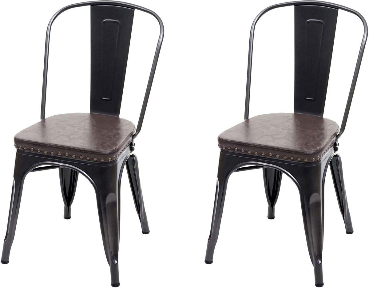 MCW Set van 2 eetkamerstoelen MCW-H10e, keukenstoel Chesterfield metaal kunstleder industriële gastronomie ~ zwart-bruin