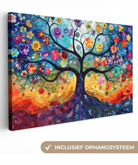 Canvas schilderij 120x80 cm - Wanddecoratie Boom - Kleurrijk - Bloemen - Kunst - Abstract - Muurdecoratie woonkamer - Kamer decoratie modern - Abstracte schilderijen