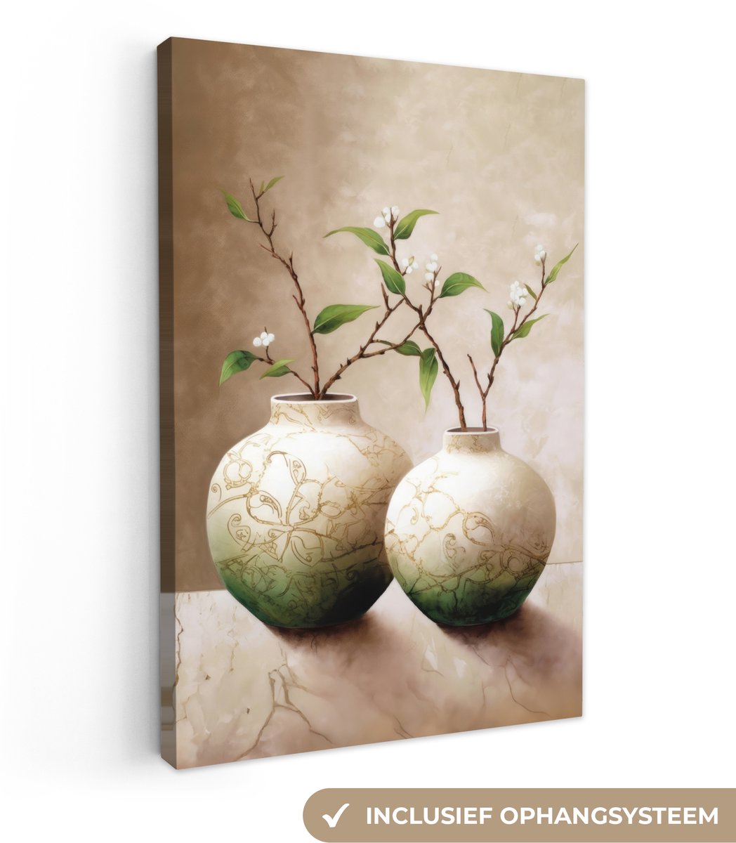 Canvas schilderij 40x60 cm - Wanddecoratie badkamer Bloemen - Vaas - Wit - Botanisch - Bei