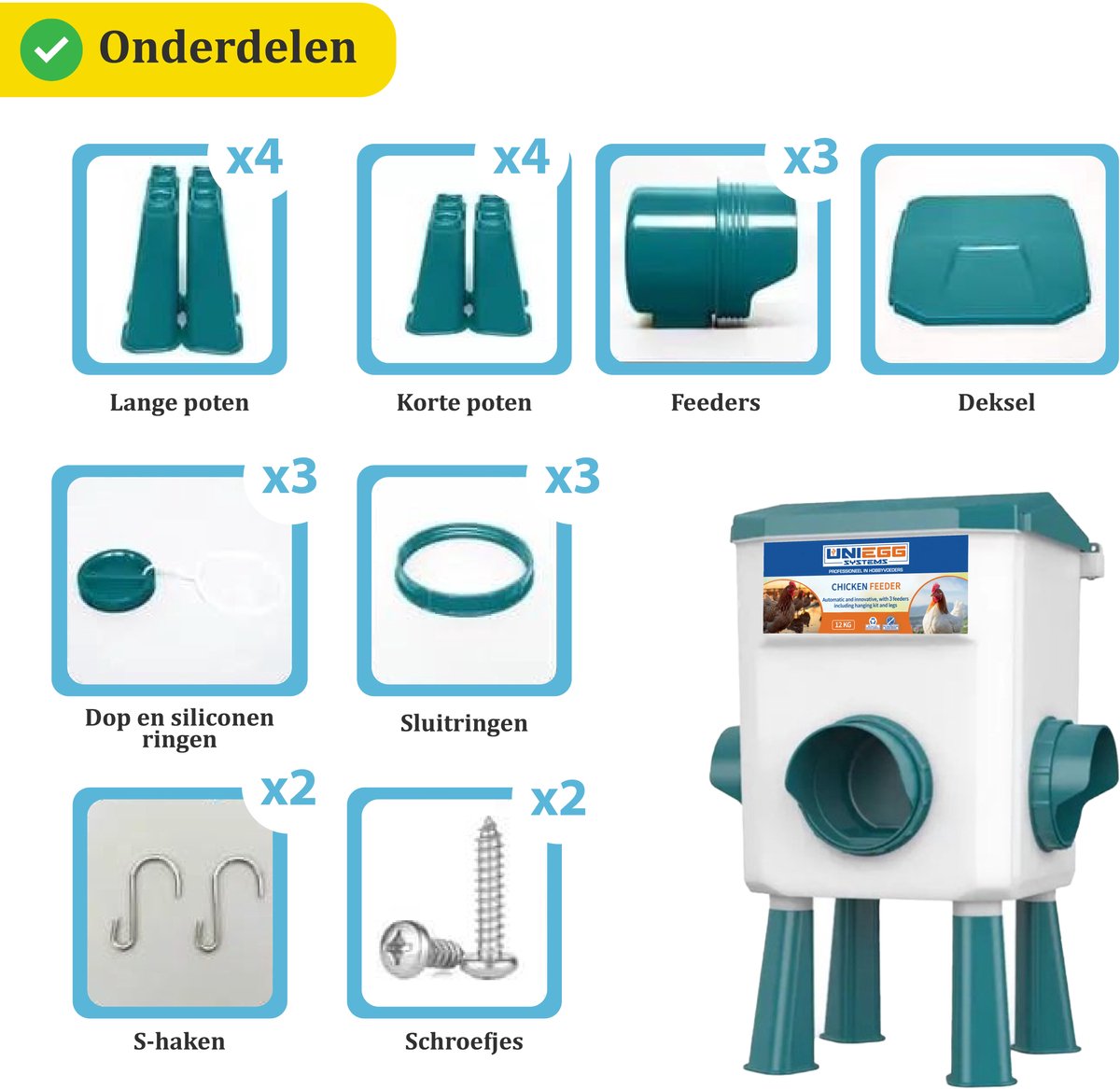 UniEgg Feeder 12kg Drinker 11 Liter (Rood) - automatisch en innovatief, inclusief ophangset en poten - drinkbak kip en ander pluimvee of gevogelte