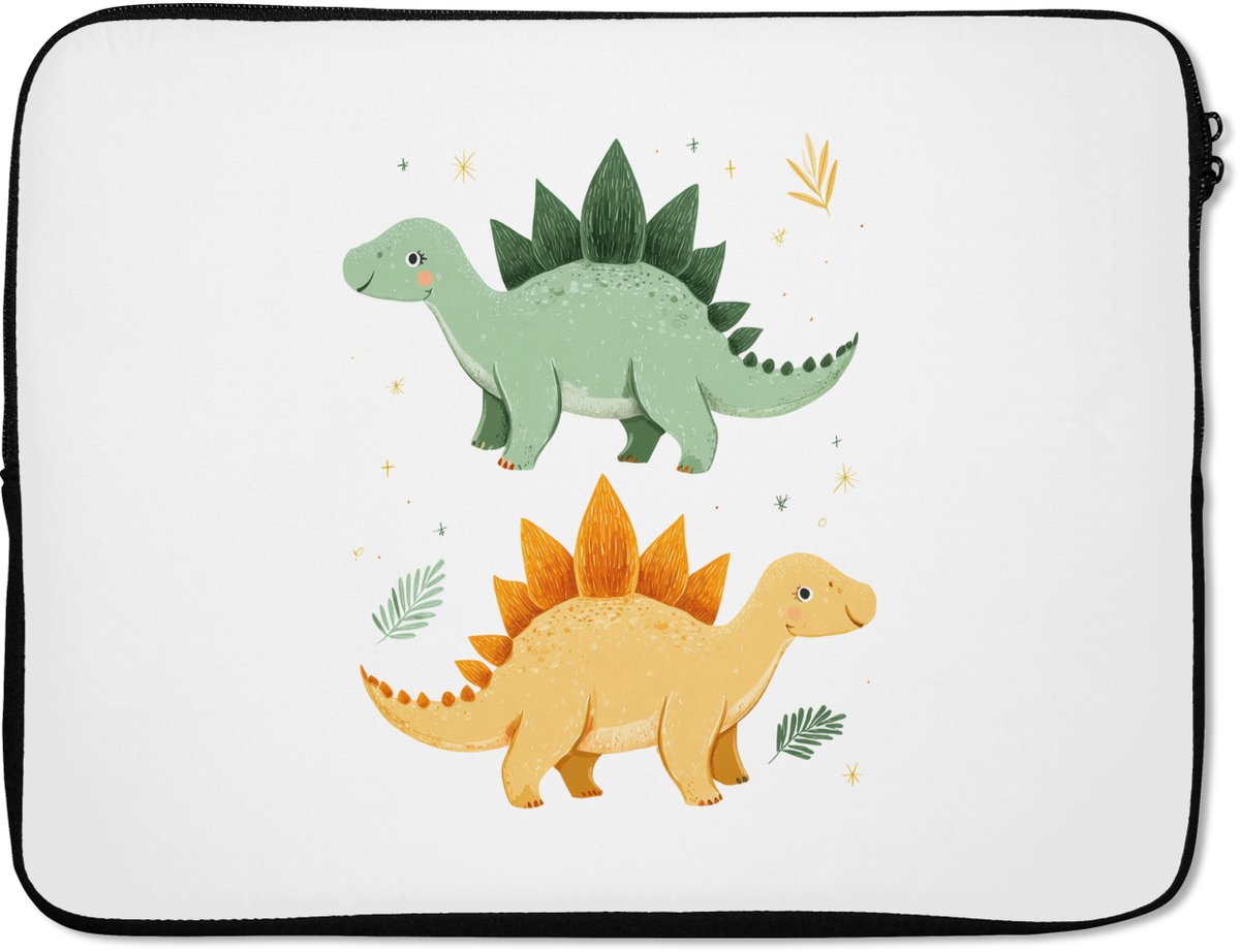 Laptophoes 15.6 inch - Sterren - Stegosaurussen - Blaadjes - Groen - Laptop sleeve - Binnenmaat 37x26 cm - Zwarte achterkant