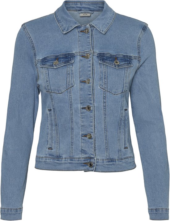 Lichtblauwe denim spijkerjas voor dames, knoopsluiting, borstzakken.