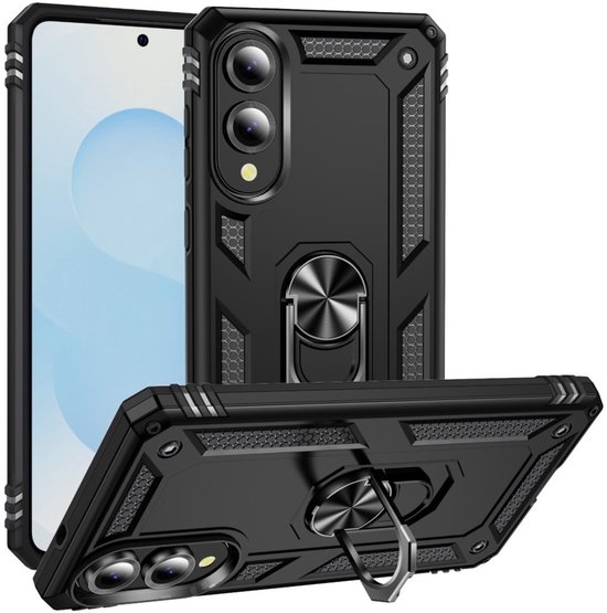 Coque Lunso compatible avec Samsung Galaxy S25 Edge - Coque arrière blindée avec anneau de support - Zwart