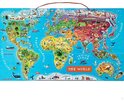 Carte du monde magnétique avec des illustrations colorées d'animaux, de bâtiments et de transports par pays. Inclut 92 aimants.