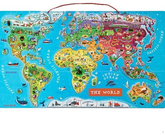Carte du monde magnétique avec des illustrations colorées d'animaux, de bâtiments et de transports par pays. Inclut 92 aimants.