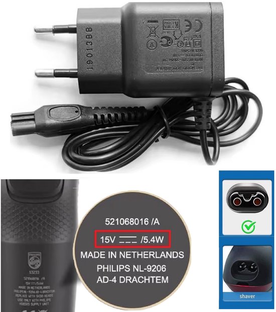 Chargeur de remplacement pour Philips HQ8505 - 15 V 4W - Câble de 1 mètre - Convient aux Rasoirs électriques pour hommes , tondeuses et OneBlade Philips - Suspense mondiale