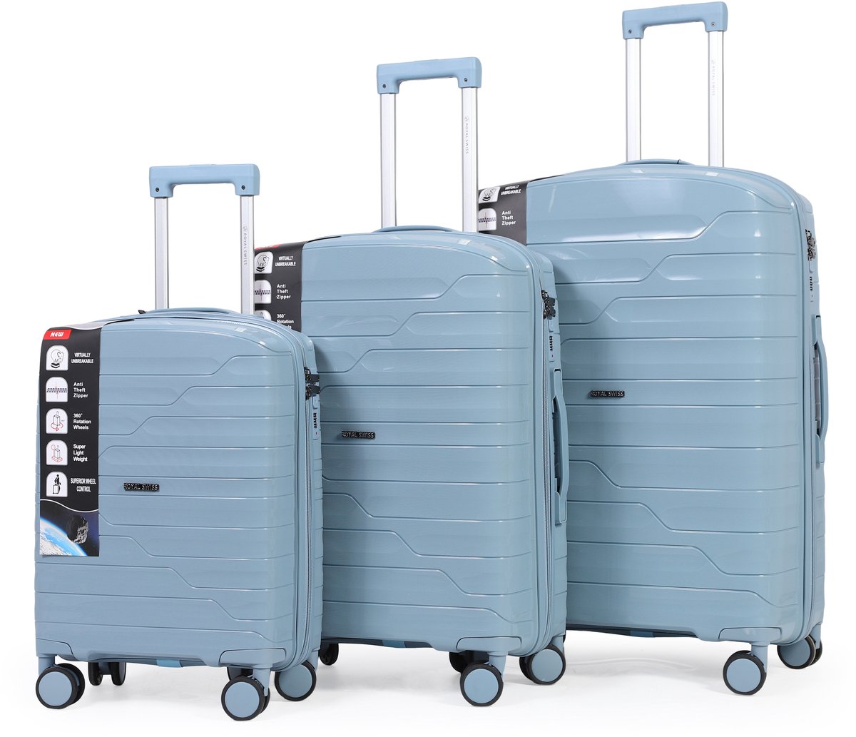Royal Swiss® Kofferset 3-delig – Sterk & Lichtgewicht ABS – TSA-slot – 360° 4 Wielen – Lichtblauw Reisbagage