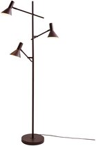 Donkerrode staande lamp met drie verstelbare spots en een ronde voet.