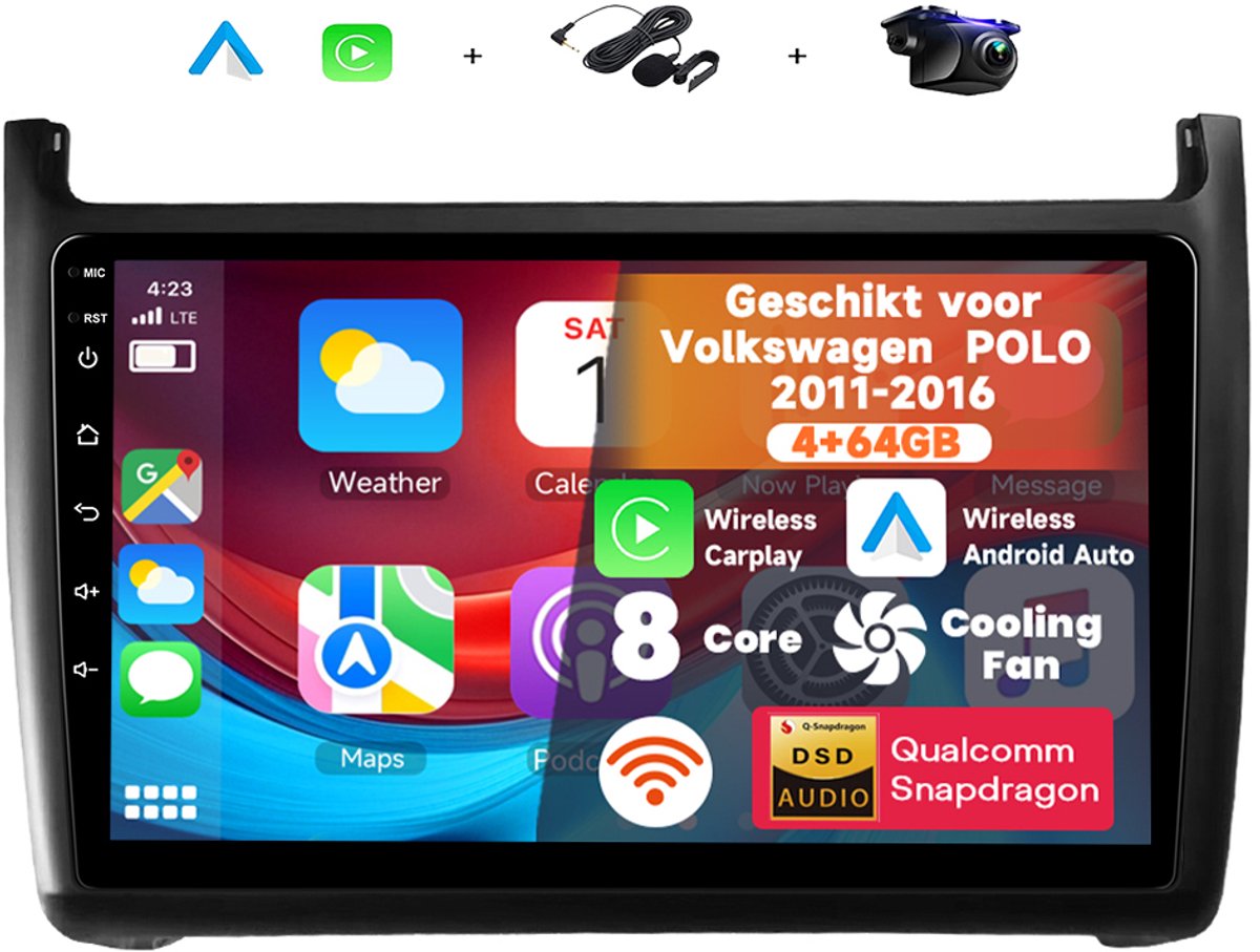 Boscer Autoradio - Geschikt voor Volkswagen Polo 2011-2016 - Apple Carplay & Android Auto (Draadloos) - Android 15 - 8-Core 4+64GB - Interne Koeler - 9 Inch HD IPS Touchscreen - GPS Navigatiesysteem - USB, WiFi & MP5 - Achteruitrijcamera & Microfoon