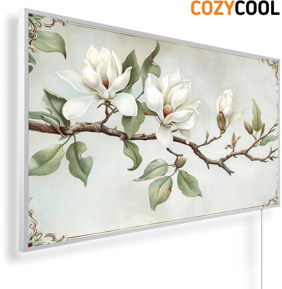 Infraroodpaneel met afbeelding | Prachtige magnolia bloemen schilderij | 1200 Watt | Witte lijst | Infrarood verwarmingspaneel | Infrarood paneel | Infrarood verwarming