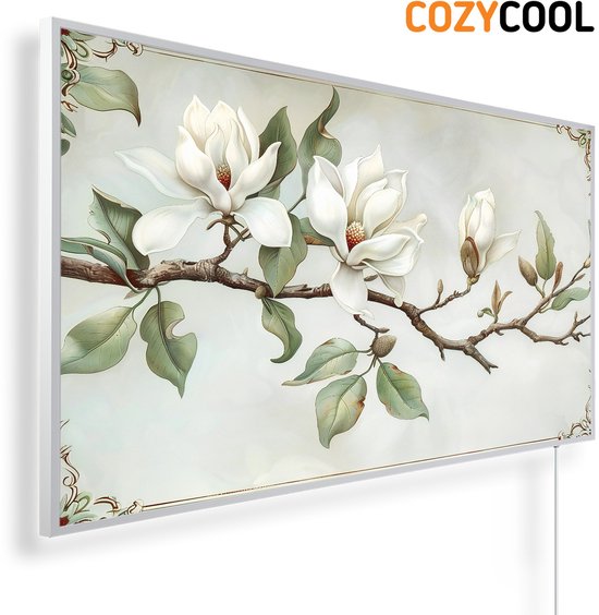 Infraroodpaneel met afbeelding | Prachtige magnolia bloemen schilderij | 1200 Watt | Witte lijst | Infrarood verwarmingspaneel | Infrarood paneel | Infrarood verwarming