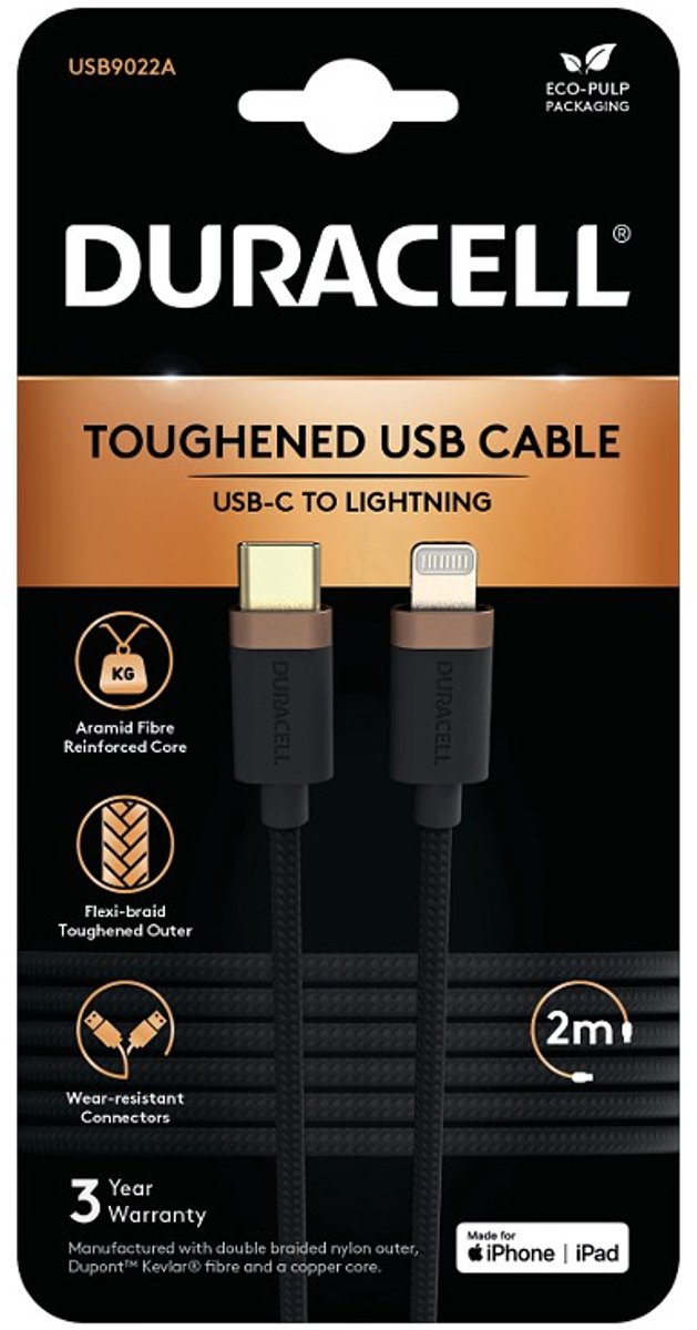 Duracell Toughened Kevlar MFi USB-C naar Lightning Kabel 2 Meter 65W / 3A Zwart