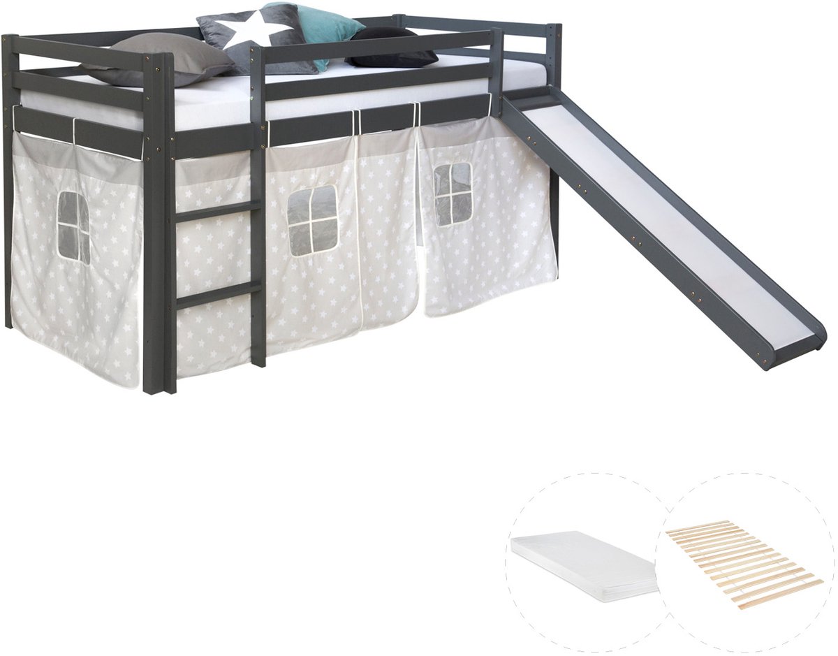 Homestyle4u Hoogslaper - 90x200 cm - met matras - met glijbaan - grijs