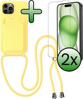 Hoes Geschikt voor iPhone 15 Pro Max Hoesje Pas Houder Case Hoes Met Koord Met 2x Screenprotector - Hoesje Geschikt voor iPhone 15 Pro Max Hoes Met Telefoonkoord Pasjeshouder Cover - Geel